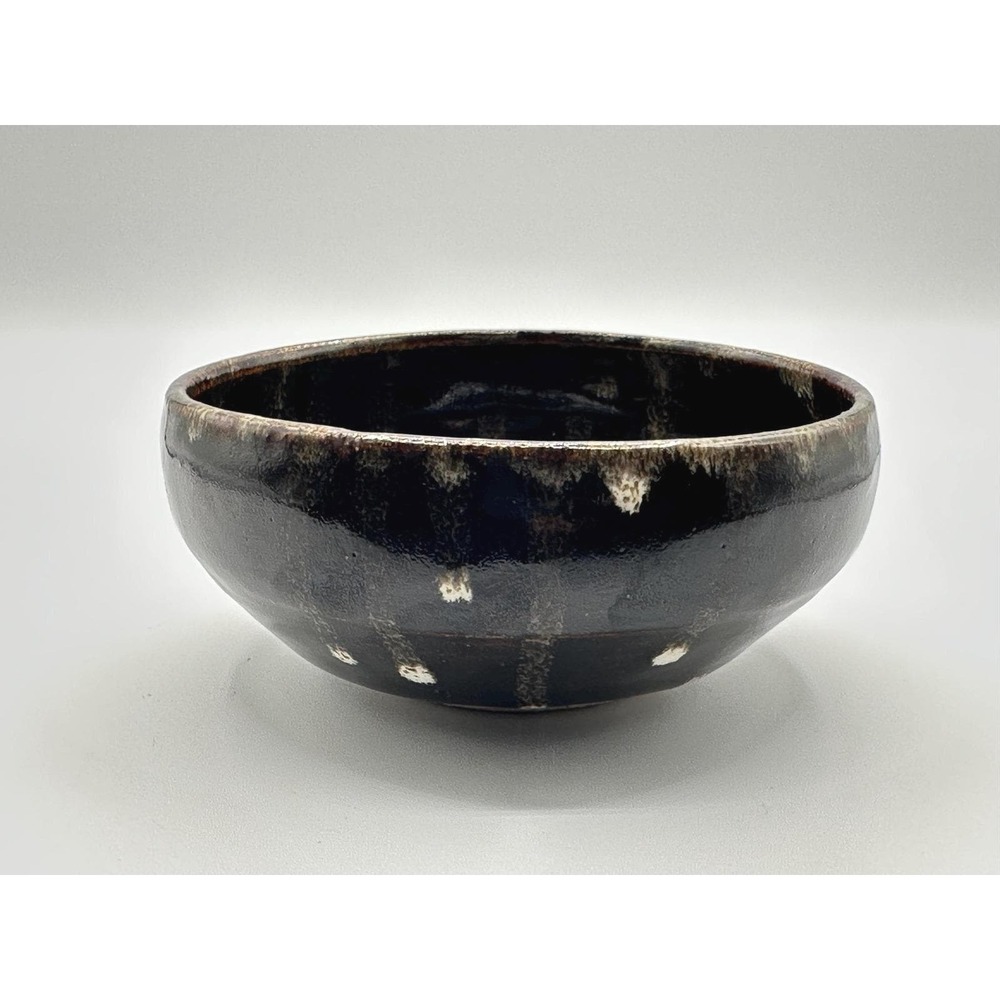 Vintage Artisan Studio Pottery Bowl Dark Brown Black Glaze White Drip 4x2